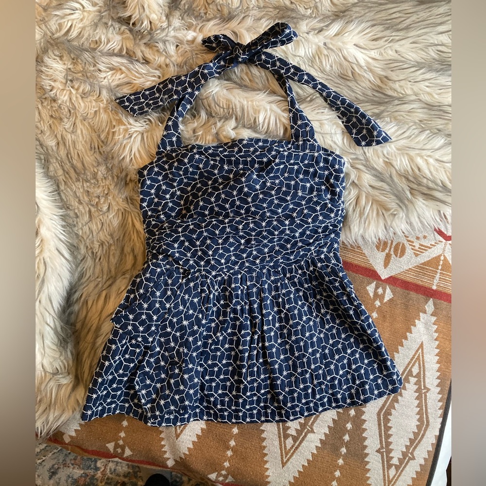 Anthropologie Maeve navy w/ white embroidery peplum halter top- Size 4